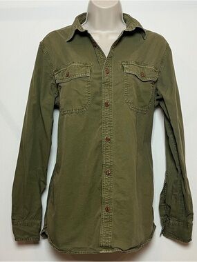 Army Olive Green Grunge Relaxed Fit Boho Button-Up Utility Shirt Jacket